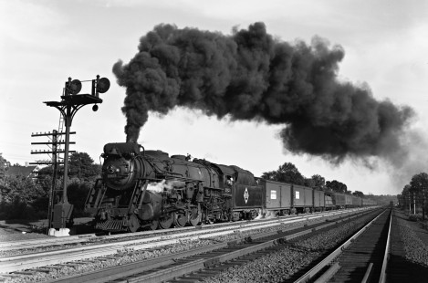 Erie Railroad 4-6-2 steam locomotive no. 2923 pulling westbound passenger train no. 27, "The Mountain Express," past a signal at Allendale, New Jersey, on August 30, 1946. Photograph by Donald W. Furler, © 2017, Center for Railroad Photography and Art, Furler-09-102-02