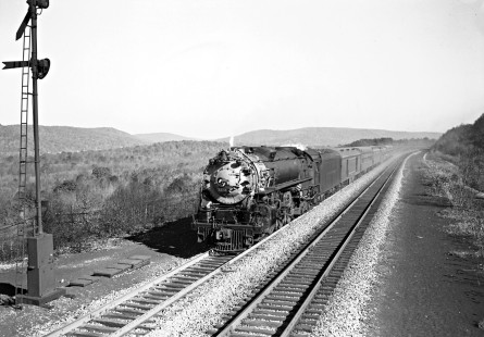 Delaware, Lackawanna and Western Railroad 4-6-4 steam locomotive no. 1153 leads eastbound passenger train no. 26 near Lake Lackawanna, New Jersey, on October 21, 1947. Photograph by Donald Furler; Furler-11-103-02.JPG; © 2017, Center for Railroad Photography and Art