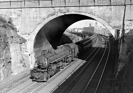 Erie Railroad 4-6-2 no. 2710 leading a westbound passenger train at Bergen Arches in Jersey City, New Jersey, circa 1950. Photograph by Donald W. Furler, © 2017, Center for Railroad Photography and Art, Furler-20-004-02
