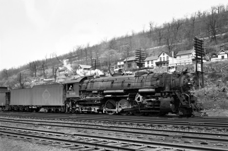 Erie Railroad 2-8-4 steam locomotive no. 3381 on the west end of the Port Jervis yard in New York on April 16, 1948.  Photograph by Donald W. Furler, © 2017, Center for Railroad Photography and Art, Furler-21-018-02
