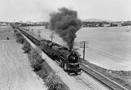 Reading Company 4-8-4 steam locomotive no. 2102 pulling the westbound "Reading Ramble" passenger excursion train at the Route 309 overpass leaving Allentown, Pennsylvania, on May 20, 1962. Thanks to the "Friends of the Reading Railroad" Facebook group for identifying the location and date of this photograph by Donald W. Furler, © 2017, Center for Railroad Photography and Art, Furler-19-040-02