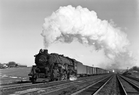 Erie Railroad 2-8-4 steam locomotive no. 3362 pulling westbound freight train no. 75 with 82 cars at Campbell Hall, New York, on March 3, 1946. The train originated at Maybrook Yard and is shown on the track leading to the E&J line, just short of switch. Photograph by Donald W. Furler, © 2017, Center for Railroad Photography and Art, Furler-11-028-01