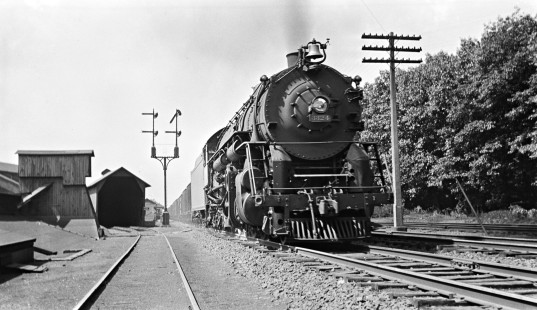 Westbound Erie Railroad 2-8-4 steam locomotive no. 3324 pulling a freight train just north of the station in Ridgewood, New Jersey, circa 1930s. Photograph by Donald W. Furler, © 2017, Center for Railroad Photography and Art, Furler-23-082-02