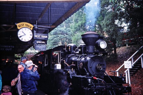 Puffing Billy Railway Station and passenger boarding area with Puffing Billy Railway steam locomotive no. 1694 (built by Climax Locomotive Works) in Melbourne, Victoria, Australia, on April 5, 1997. Photograph by Fred M. Springer, © 2014, Center for Railroad Photography and Art. Springer-Australia-UK-12-21