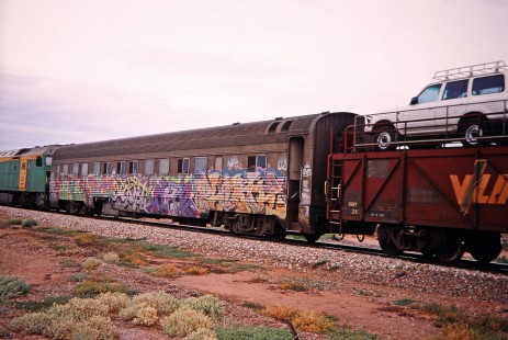 A Great Southern Rail freight train departs Port Augusta, South Australia, Australia, on April 12, 2003. Photograph by Fred M. Springer,  © 2014, Center for Railroad Photography and Art. Springer-Australia-NZ(2)-01-26