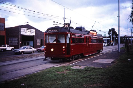 One of three converted vintage W class trams that make up the Colonial Tramcar Restaurants in Melbourne, Victoria, Australia on April 7, 1997. Photograph by Fred M. Springer, © 2014, Center for Railroad Photography and Art. Springer-Australia-UK-14-01
