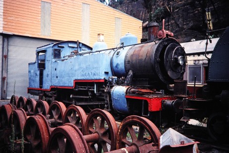 An old, blue Zig Zag Railway steam locomotive in Sydney, New South Wales, Australia, on April 17, 1998. Photograph by Fred M. Springer,  © 2014, Center for Railroad Photography and Art. Springer-Australia-20-23