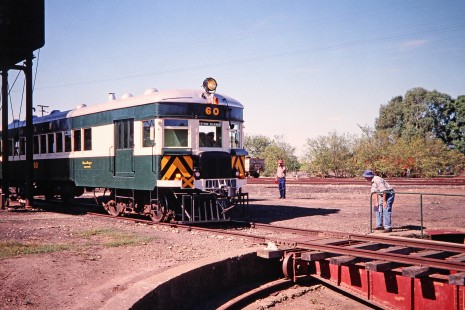 SteamRanger Tourist Railway car no. 60 to Victor Harbor as it approaches a small turntable in Strathalbyn, South Australia, Australia, on April 20, 2003. Photograph by Fred M. Springer, © 2014, Center for Railroad Photography and Art. Springer-Australia-NZ(2)-11-09