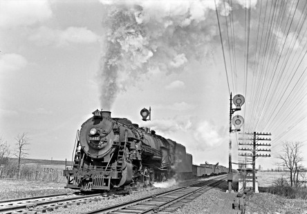 Reading Company 2-10-2 steam locomotive no. 3011 pulling a westbound freight train at Emmaus, Pennsylvania, in April 1947. Photograph by Donald W. Furler, © 2017, Center for Railroad Photography and Art, Furler-15-106-01