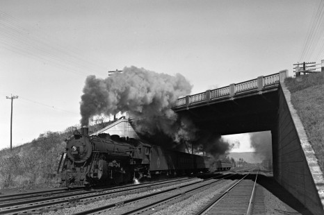 Erie Railroad 4-6-2 steam locomotive no. 2904 pulling eastbound passenger train no. 128 under the New Jersey Route 17 Bridge at Ramsey, New York, on October 28, 1945. Photograph by Donald W. Furler, © 2017, Center for Railroad Photography and Art, Furler-09-069-02