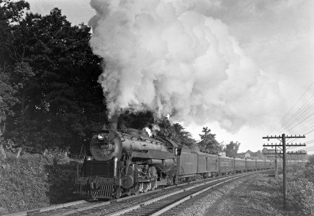 Reading Company 4-6-2 steam locomotive no. 179 with an eastbound passenger train on Reading Main Line south of Hamburg, Pennsylvania en route to Reading in September of 1949. Photograph by Donald W. Furler, © 2017, Center for Railroad Photography and Art, Furler-19-005-01