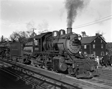 Reading Company "Rail Ramble" passenger train at West Milton, Pennsylvania, on October 19, 1941. Leading the train are two steam locomotives: 2-8-0 camelback no. 1555 and 4-6-2 no. 201. Photograph by Donald W. Furler,  © 2017, Center for Railroad Photography and Art, Furler-03-107-01