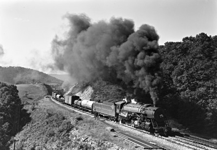 Western Maryland Railway steam locomotive no. 1119 hauls westbound freight train no. 1 just west of Helmstetters Curve near Corriganville, Maryland on August 23, 1952. Furler-22-088-01; © 2017, Center for Railroad Photography and Art