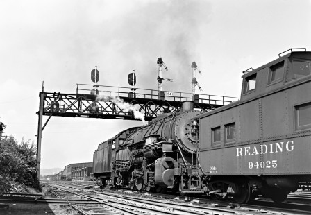 Reading Company 2-8-0 steam locomotive no. 1969 pushing an eastbound freight train at Bethlehem, Pennsylvania, circa 1950. 4-8-4 no. 2106 was pulling this train; see Furler-19-042-02. Photograph by Donald W. Furler, © 2017, Center for Railroad Photography and Art, Furler-19-043-01
