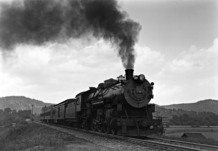 Western Maryland Railway 4-6-2 steam locomotive no. 208 pulls a westbound passenger train in Oldtown, Maryland on September 19, 1949. Furler-22-081-02; © 2017, Center for Railroad Photography and Art