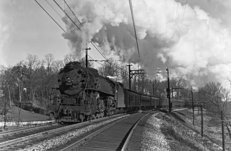 Delaware, Lackawanna, and Western Railroad 4-8-4 steam locomotive no. 1644 leads passenger train no. 13 near Summit, New Jersey, on November 28, 1946. Photograph by Donald Furler. Furler-24-122-04.JPG; © 2017, Center for Railroad Photography and Art