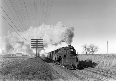 Reading Company 4-6-2 no. 215 pulling a passenger train at lower Macungie Township, Pennsylvania approximately
halfway between Macungie, PA and Emmaus, PA, circa 1950. Photograph by Donald W. Furler, © 2017, Center for Railroad Photography and Art, Furler-19-014-02