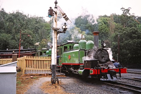 Puffin Billy steam locomotive no. 7A arrives at Walhalla Goldfields Railroad signal stop point in Gippsland, Victoria, Australia, on April 7, 2006. Photograph by Fred M. Springer, © 2014, Center for Railroad Photography and Art. Springer-Mexico-Australia-13-31