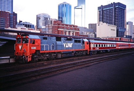 V/Line commuter diesel locomotive no. N466 leads a passenger train in Melbourne, Victoria, Australia, on April 7, 1997. Photograph by Fred M. Springer, © 2014, Center for Railroad Photography and Art. Springer-Australia-UK-14-12