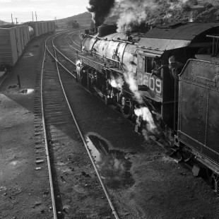 National Railways of Mexico 2-8-2 nos. 2209 (helper) and 2203 (road) with southbound freight climbing the grade up to Zacatecas, Zacatecas, Mexico on August 17, 1961. Rose-01-092-04; Photograph by Ted Rose, © 2015, Center for Railroad Photography and Art