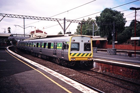 Public Transport Coorporation electric passenger train waits at the station platform in Armadale, Perth, Australia, on March 28, 1998. Photograph by Fred M. Springer, © 2014, Center for Railroad Photography and Art. Springer-Australia-01-03