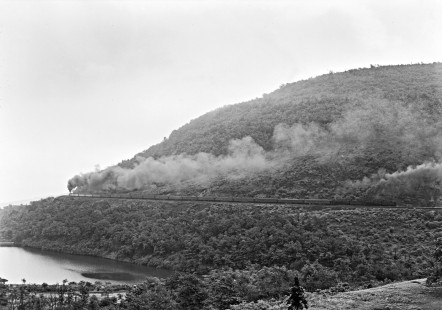 Unidentified engine leads Pennsylvania Railroad train around  Horseshoe Curve in Pennsylvania on July 30, 1949. Photograph by Donald W. Furler. Furler-18-100-02; © 2017, Center for Railroad Photography and Art