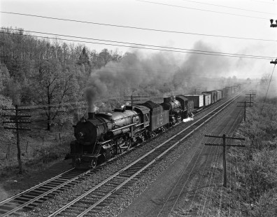 Erie Railroad 2-8-2 no. 3209 and 2-8-0 no. 1696 pulling an eastbound "pick-up" freight train at Howells, New York, on May 19, 1940. Photograph by Donald W. Furler, © 2017, Center for Railroad Photography and Art,  Furler-03-045-02