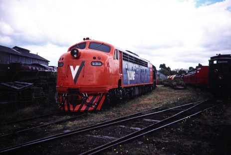 V/Line (former Victorian Railways VR) diesel locomotive no. S313 at the Australian Railway Historical Society (ARHS) Museum in Williamstown, Victoria, Australia, on April 3, 1997. Photograph by Fred M. Springer, © 2014, Center for Railroad Photography and Art. Springer-Australia-UK-10-32