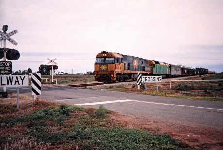 Former National Rail Corporation diesel freight locomotive no. NR36 approaches a crossing near Port Augusta, South Australia, Australia, on April 12, 2003.  Photograph by Fred M. Springer, © 2014, Center for Railroad Photography and Art. Springer-Australia-NZ(2)-01-28