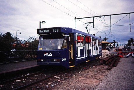 Electric streetcar no. 246 operated by Yarra Trams, a recently privatized division of the Public Transport Corporation, heads toward Mont Albert station along route 109 in Melbourne, Victoria, Australia, on March 29, 1998. Photograph by Fred M. Springer,  © 2014, Center for Railroad Photography and Art. Springer-Australia-03-12