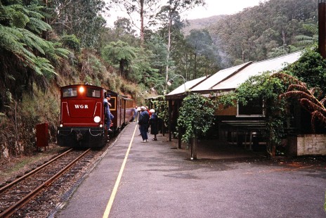 Passengers board the Walhalla Goldfields Railway train with diesel switcher no. 14 at Walhalla Station in Gippsland, Victoria, Australia, on April 8, 2006. Photograph by Fred M. Springer, © 2014, Center for Railroad Photography and Art. Springer-Mexico-Australia-13-11