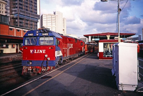 V/Line commuter diesel locomotive no. N465 at platform no. 3 in Melbourne, Victoria, Australia, on April 7, 1997. Photograph by Fred M. Springer, © 2014, Center for Railroad Photography and Art. Springer-Australia-UK-14-04