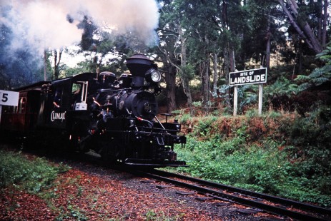 Puffing Billy Railway 1928 steam locomotive no. 1694 (built by Climax Locomotive Works) in Melbourne, Victoria, Australia, on April 5, 1997. Photograph by Fred M. Springer, © 2014, Center for Railroad Photography and Art. Springer-Australia-UK-12-14