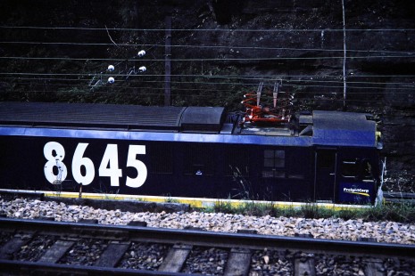 FrieghtCorp (now Pacific National) electric locomotive no. 8645 in Sydney, New South Wales, Australia, on April 17, 1998. Photograph by Fred M. Springer, © 2014, Center for Railroad Photography and Art. Springer-Australia-20-27