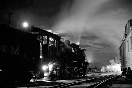 National Railways of Mexico steam locomotive no. 2518 moves down track at yard in Matias Romero, Oaxaca the night of September 1, 1961. ; Rose-01-183-01; Photograph by Ted Rose,  © 2015, Center for Railroad Photography and Art