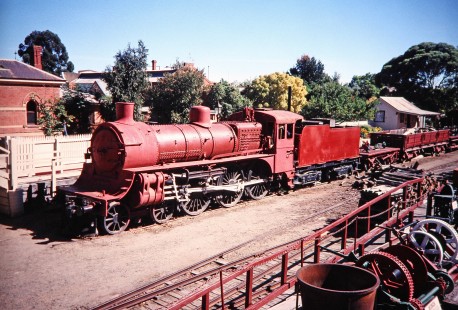 A red steam locomotive on exhibit at the Echuca Railroad Museum in Echuca, Victoria, Australia, on April 1, 1997. Photograph by Fred M. Springer, © 2014, Center for Railroad Photography and Art. Springer-Australia-UK-08-29