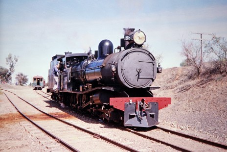 Pichi Richi Railway steam locomotive no. 186 near Woolshed Flat, South Australia, Australia, on April 13, 2003. This heritage line is operated and maintained by the Pichi Richi Railway Preservation Society. Photograph by Fred M. Springer, © 2014, Center for Railroad Photography and Art. Springer-Australia-NZ(2)-02-02