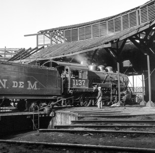 National Railways of Mexico steam locomotive no. 1137 and worker at turntable in Acámbaro, Guanajuato circa 1960. Rose-01-067-11; Photograph by Ted Rose, © 2015, Center for Railroad Photography and Art
