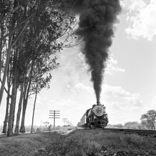 National Railways of Mexico 4-8-4 steam locomotive no. 3028 rolling toward Celaya, Guanajato with southbound tonnage on September 9, 1961. Rose-01-075-08; Photograph by Ted Rose, © 2015, Center for Railroad Photography and Art