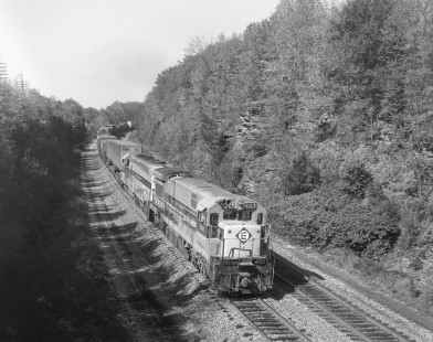 Erie Lackawanna Railway diesel locomotive no. 3308 hauls eastbound freight near Clarks Summit, Pennsylvania, on October 4, 1975. Photograph by Victor Hand. Hand-EL-30-185