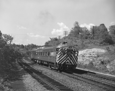 New York Central Railroad rail diesel car no. M-451  in Crugers, New York, on June 13, 1963. Photograph by Victor Hand. Hand-NYC-PC-CR-31-0001