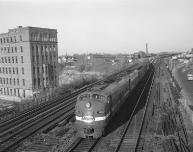 New York Central Railroad diesel locomotive no. 4065 with westbound passenger train no. 51, the "Empire State Express," in Rochester, New York, on October 30, 1967. Photograph by Victor Hand. Hand-NYC-PC-CR-31-0102