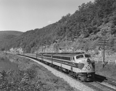 Erie Lackawanna Railroad diesel locomotive no. 815 leads eastbound mail and express train no. 4 near West Cameron, New York, on September 23, 1967; Photograph by Victor Hand; Hand-EL-30-141