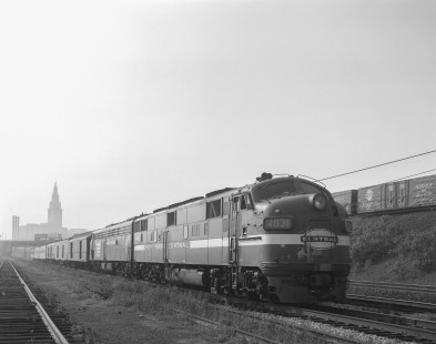 New York Central Railroad diesel locomotive no. 4031 leads eastbound passenger train no. 64 away from Terminal Tower in Cleveland, Ohio, on May 27, 1969. Photograph by Victor Hand. Hand-NYC-PC-CR-31-0232.JPG