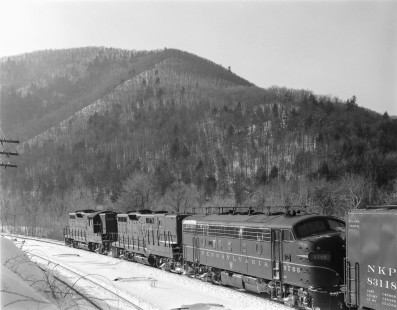 Pennsylvania Railroad diesel locomotive no. 7244 leads eastbound freight in Driftwood, Pennsylvania, on January 25, 1966. Photograph by Victor Hand. Hand-PRR-32-067
