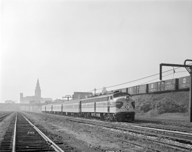 Erie Lackawanna Railway no. 829 leads passenger train no. 628 in Cleveland, Ohio on May 27, 1969. Behind the train, Terminal Tower is visible on the horizon.Photograph by Victor Hand. Hand-EL-30-155