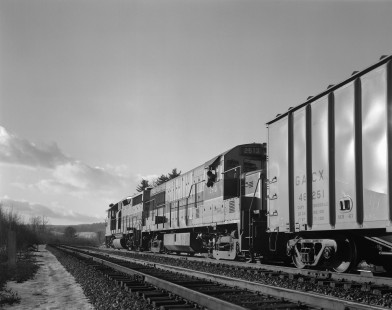 Erie Lackawanna Railroad diesel locomotive no. 2574 leads a freight train at Lanesboro, Pennsylvania, on January 21, 1968; Photograph by Victor Hand; Hand-EL-30-147