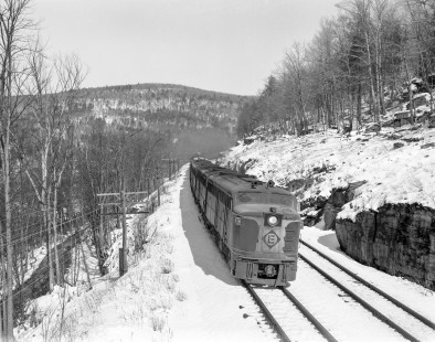 A westbound Erie Lackawanna Railroad freight train near Pond Eddy, Pennsylvania on February 27, 1966. Photograph by Victor Hand. Hand-EL-30-084.JPG