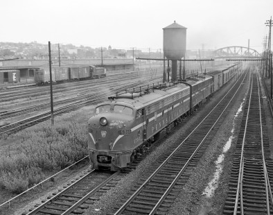 Pennsylvania Railroad diesel locomotive no. 5703 leads a passenger train at Altoona, Pennsylvania, on June 7, 1963. Photograph by Victor Hand. Hand-PRR-32-017.JPG