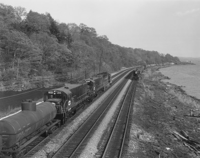 Two eastbound New York Central Railroad freight trains near Oscawana, New York, on May 2, 1968. Photograph by Victor Hand. Hand-NYC-PC-CR-31-0164.JPG